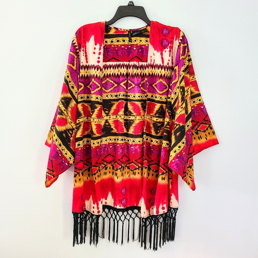 New Directions Multi-Colored Bohemian Mumu w/ Wide Sleeves & Black Tassel Fringe